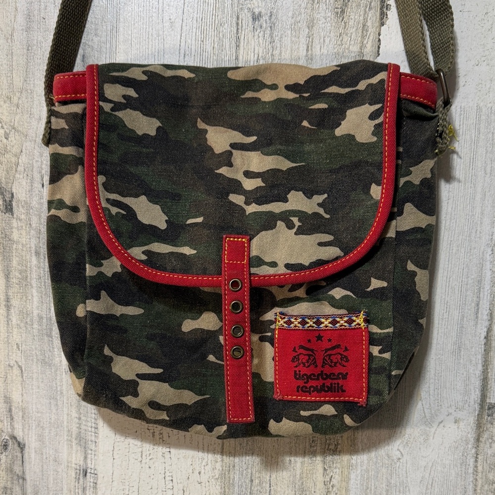 Camouflage Crossbody Bag with Red Trim